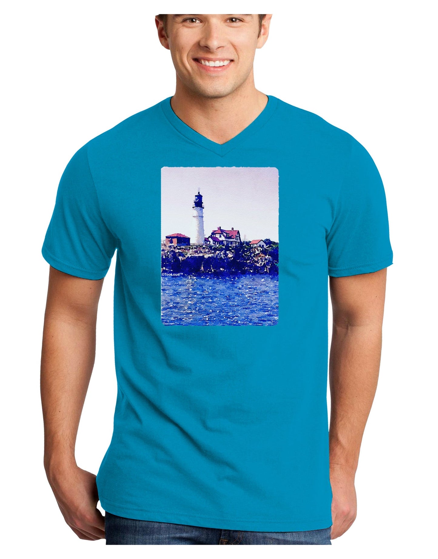 Watercolor Lighthouse 2 Adult Dark V-Neck T-Shirt-TooLoud-Turquoise-Small-Davson Sales