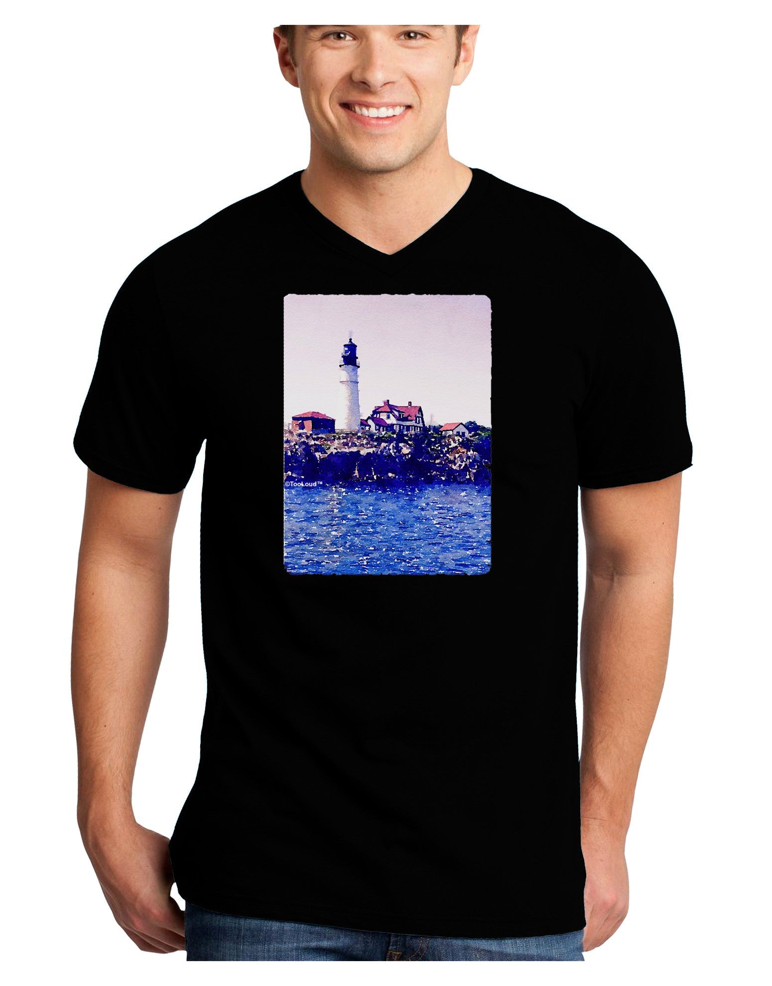 Watercolor Lighthouse 2 Adult Dark V-Neck T-Shirt-TooLoud-Black-Small-Davson Sales