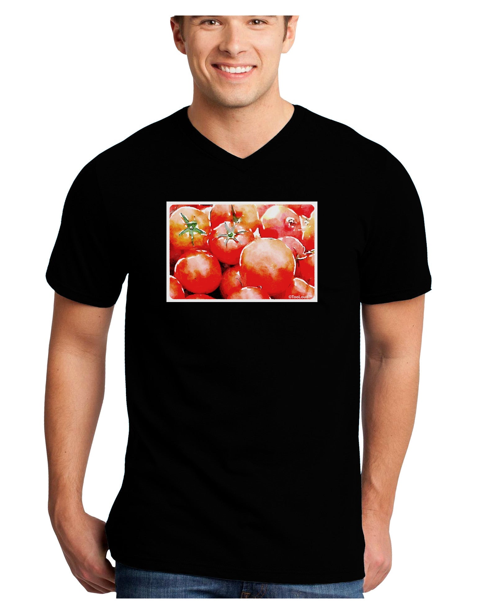 Watercolor Tomatoes Adult Dark V-Neck T-Shirt-TooLoud-Black-Small-Davson Sales