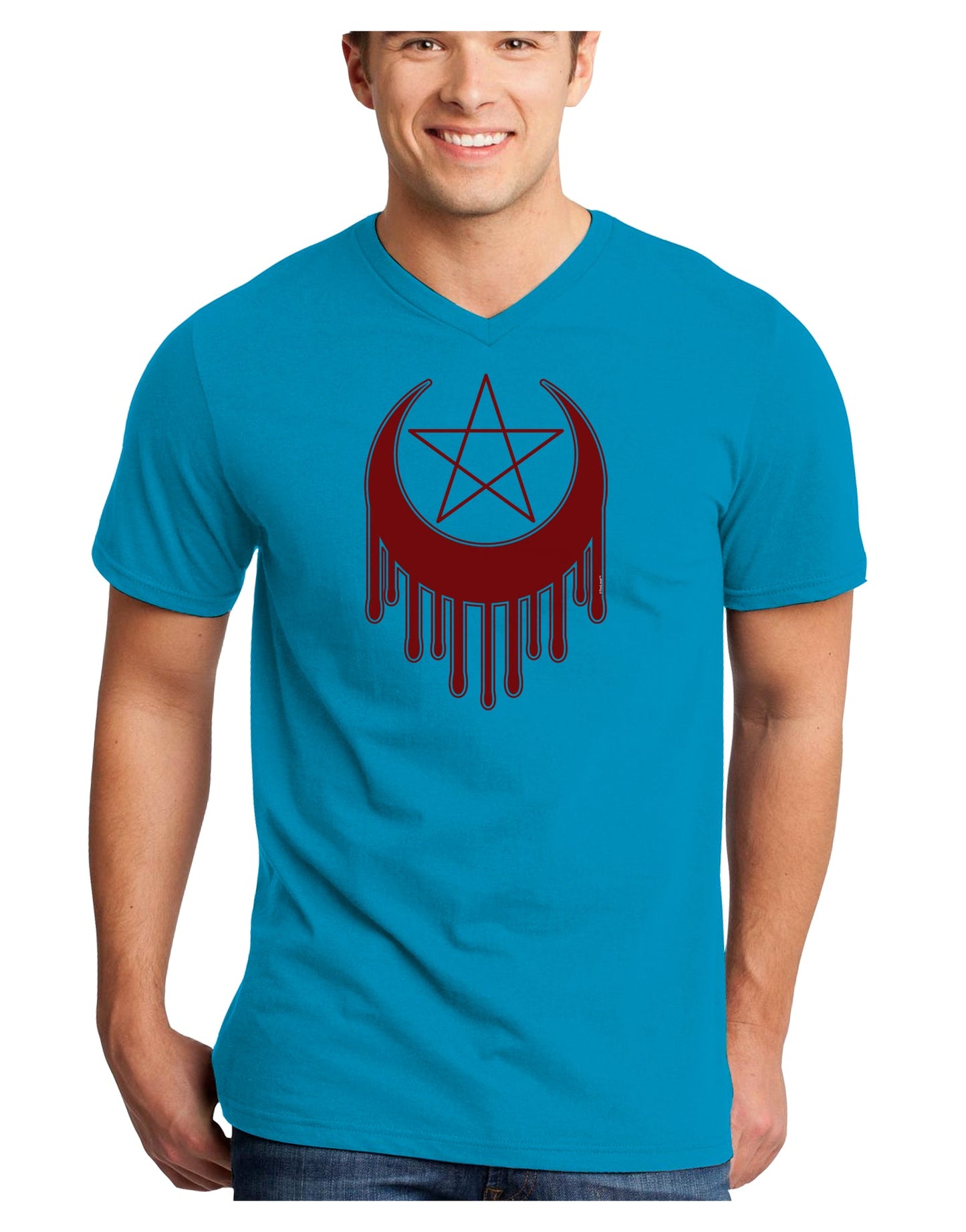 Weeping Crescent Blood Moon Star Adult Dark V-Neck T-Shirt-Mens V-Neck T-Shirt-TooLoud-Turquoise-Small-Davson Sales