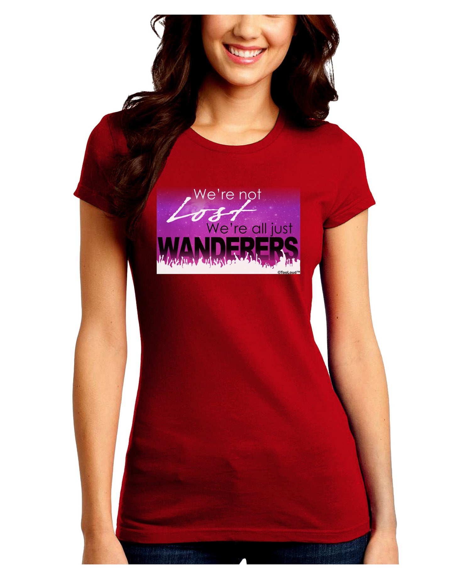 We're All Just Wanderers Juniors Petite Crew Dark T-Shirt-T-Shirts Juniors Tops-TooLoud-Red-Juniors Fitted Small-Davson Sales