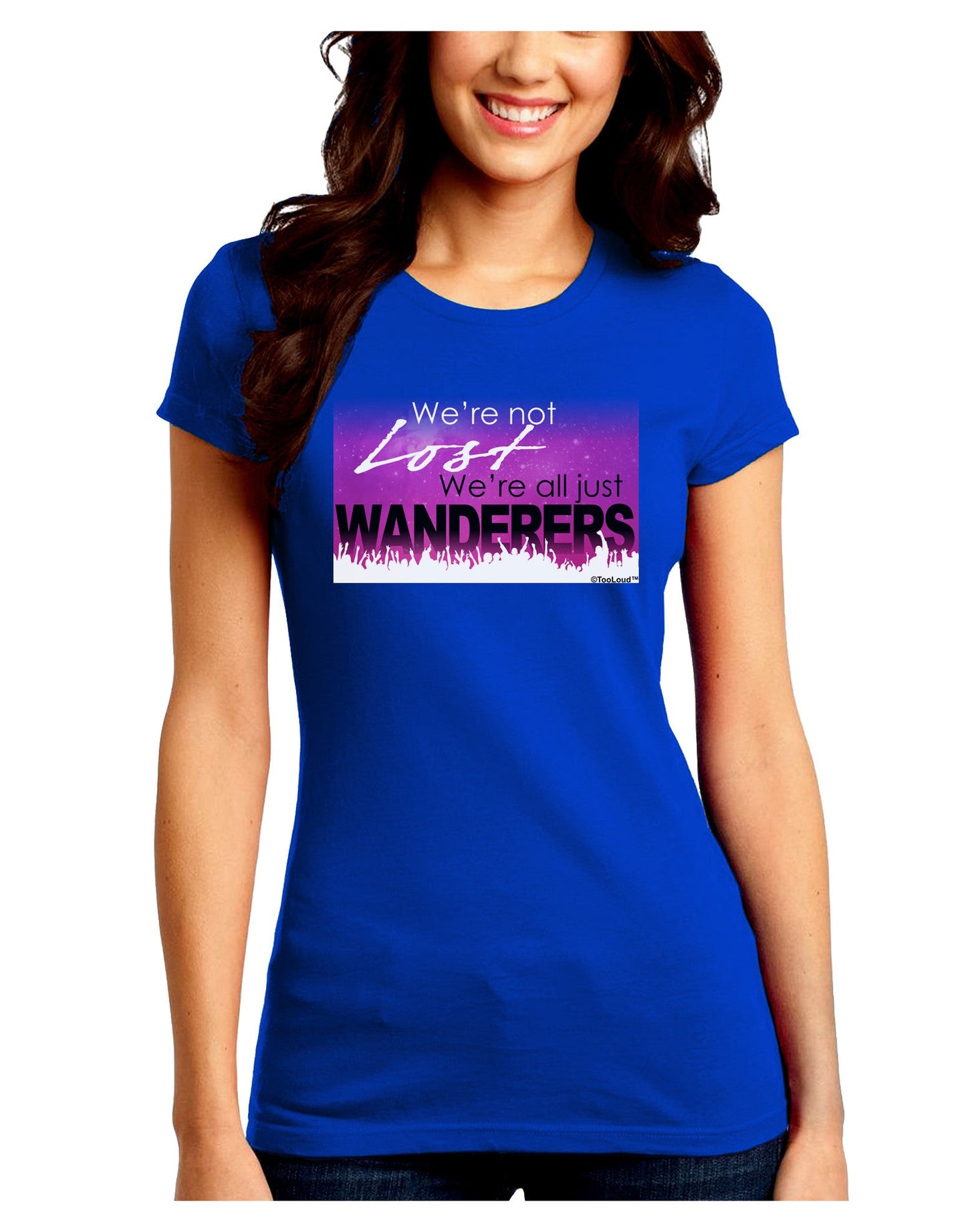 We're All Just Wanderers Juniors Petite Crew Dark T-Shirt-T-Shirts Juniors Tops-TooLoud-Royal-Blue-Juniors Fitted Small-Davson Sales