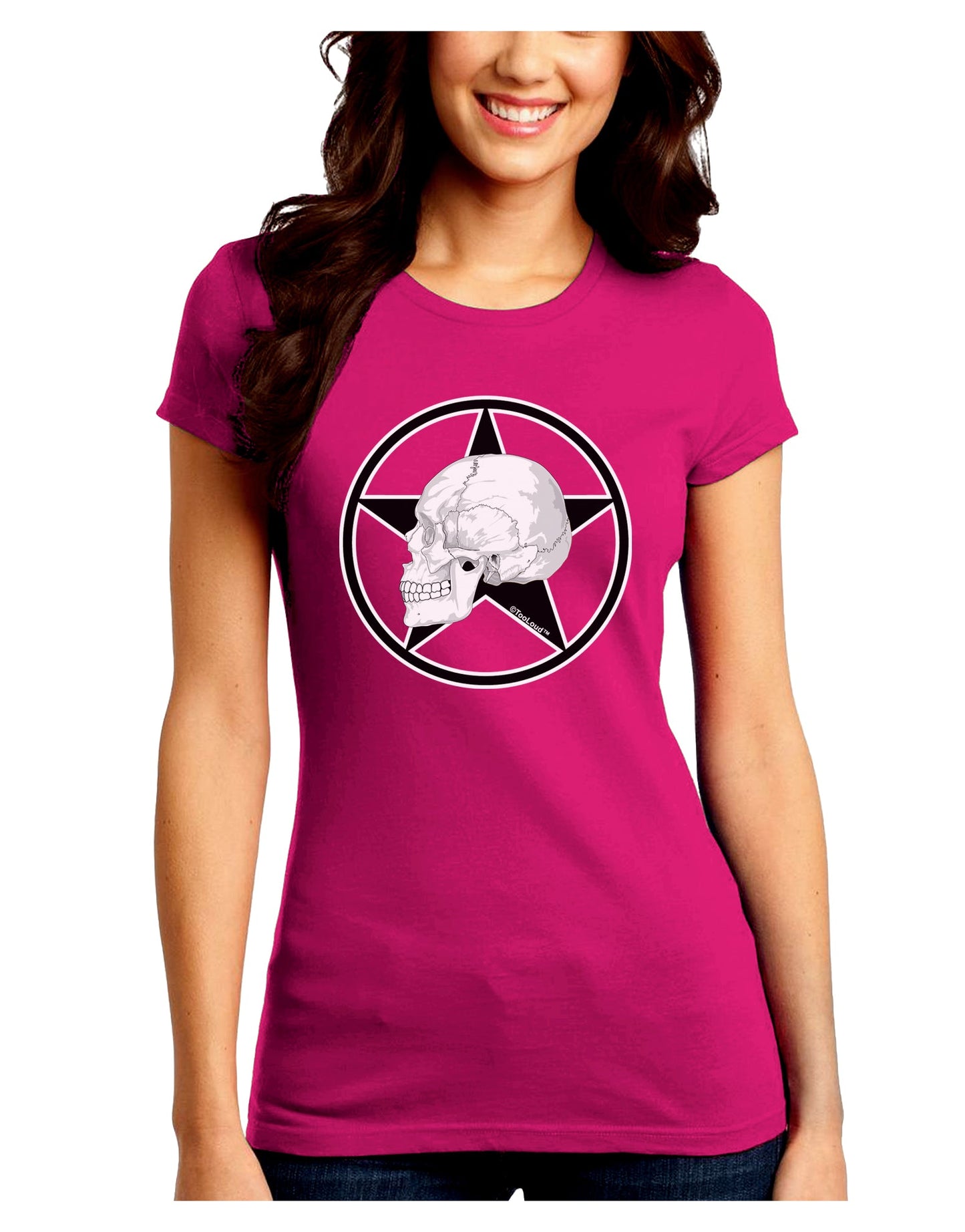 White Skull With Star Juniors Crew Dark T-Shirt by TooLoud-T-Shirts Juniors Tops-TooLoud-Hot-Pink-Juniors Fitted Small-Davson Sales