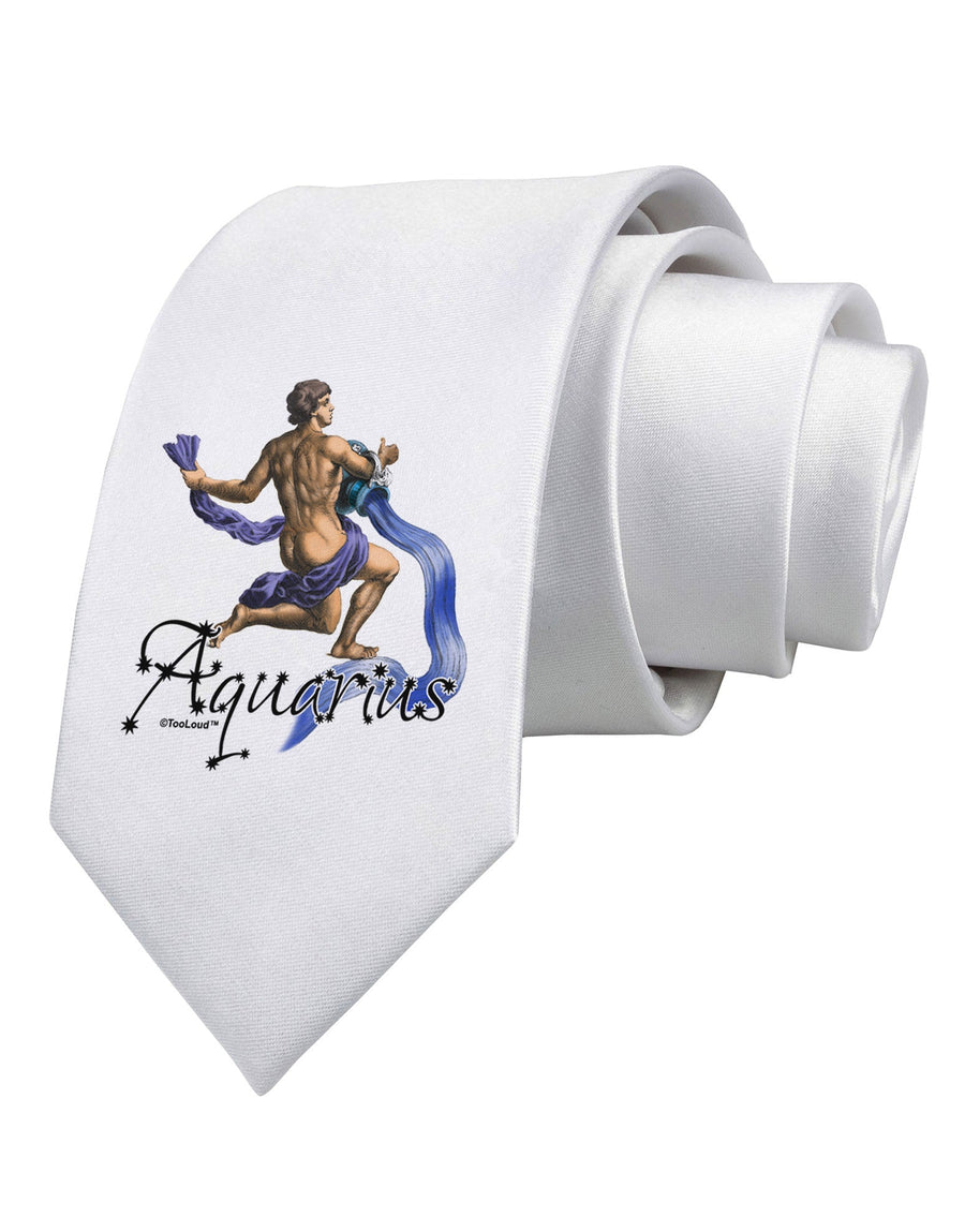 Aquarius Color Illustration Printed White Necktie