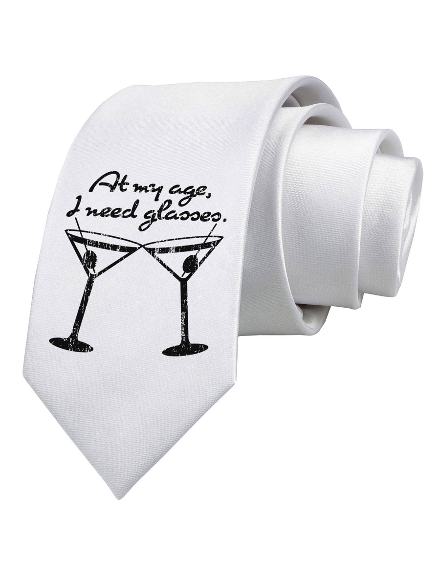 At My Age I Need Glasses - Martini Distressed Printed White Necktie by TooLoud