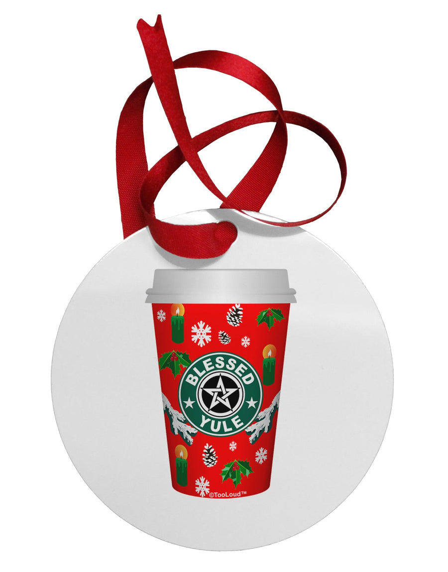 Blessed Yule Red Coffee Cup Circular Metal Ornament by TooLoud-Ornament-TooLoud-White-Davson Sales