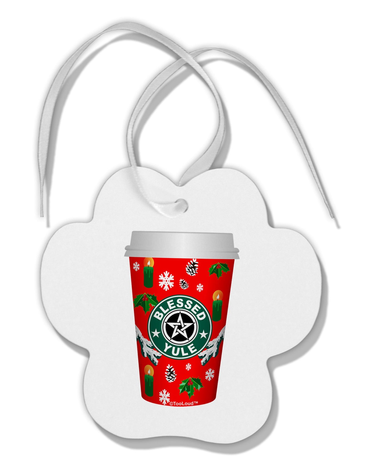 Blessed Yule Red Coffee Cup Paw Print Shaped Ornament by TooLoud-TooLoud-White-Davson Sales