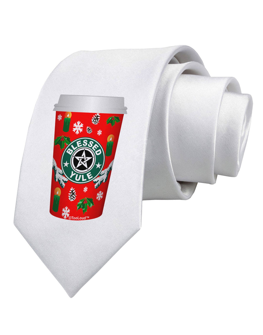 Blessed Yule Red Coffee Cup Printed White Necktie by