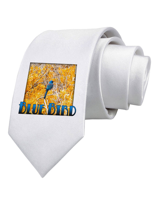 Blue Bird In Yellow Text Printed White Necktie
