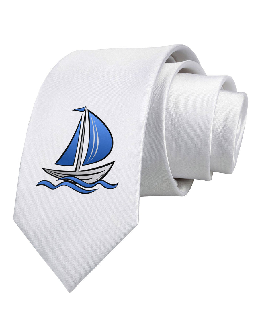 Blue Sailboat Printed White Necktie