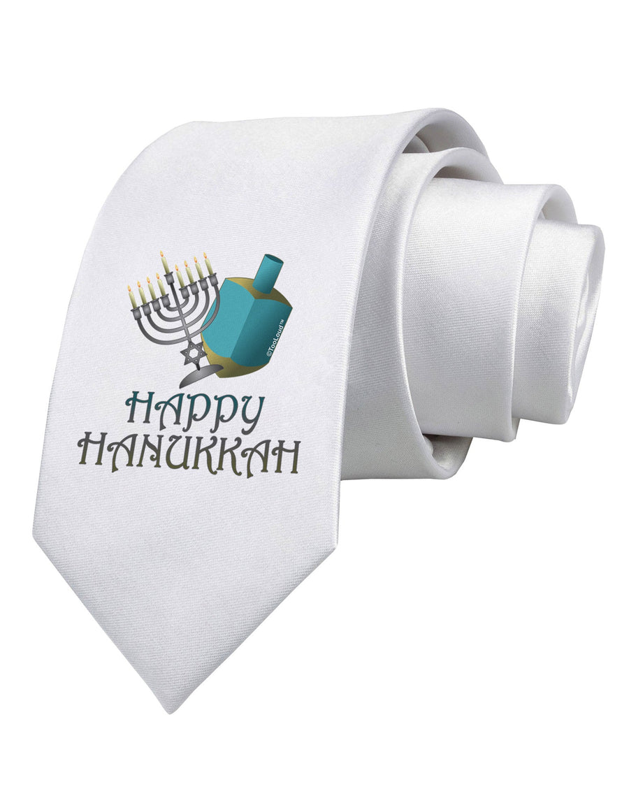 Blue & Silver Happy Hanukkah Printed White Necktie