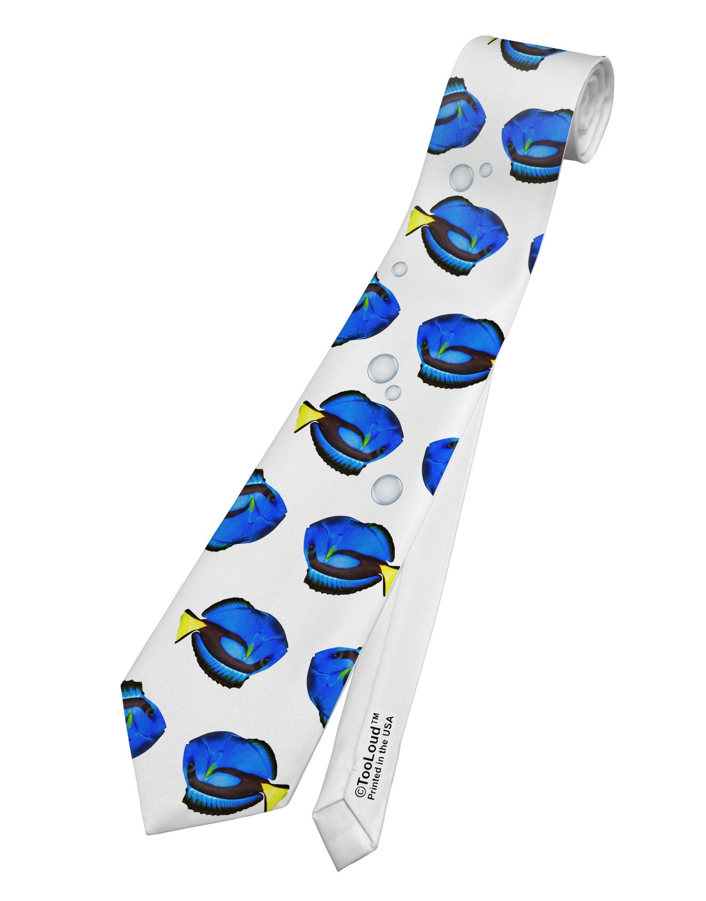 Blue Tang Fish AOP Printed White Necktie All Over Print