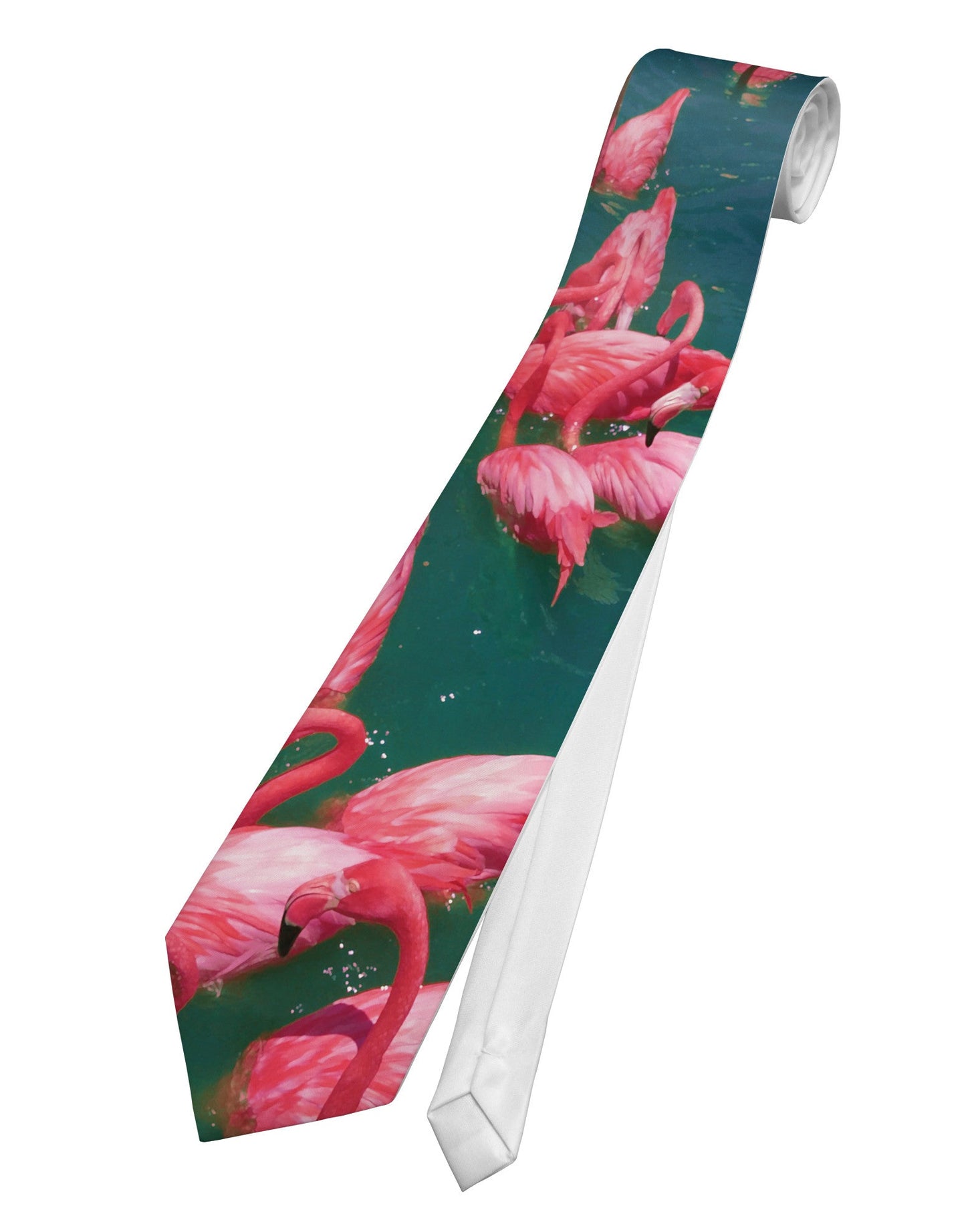 Bright Pink Painted Flamingos Printed White Necktie All Over Print