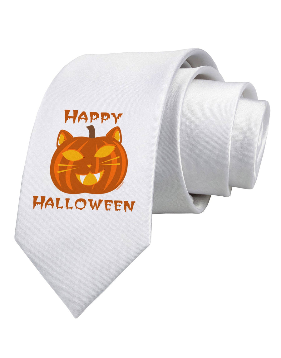 Cat-O-Lantern With Text Printed White Necktie