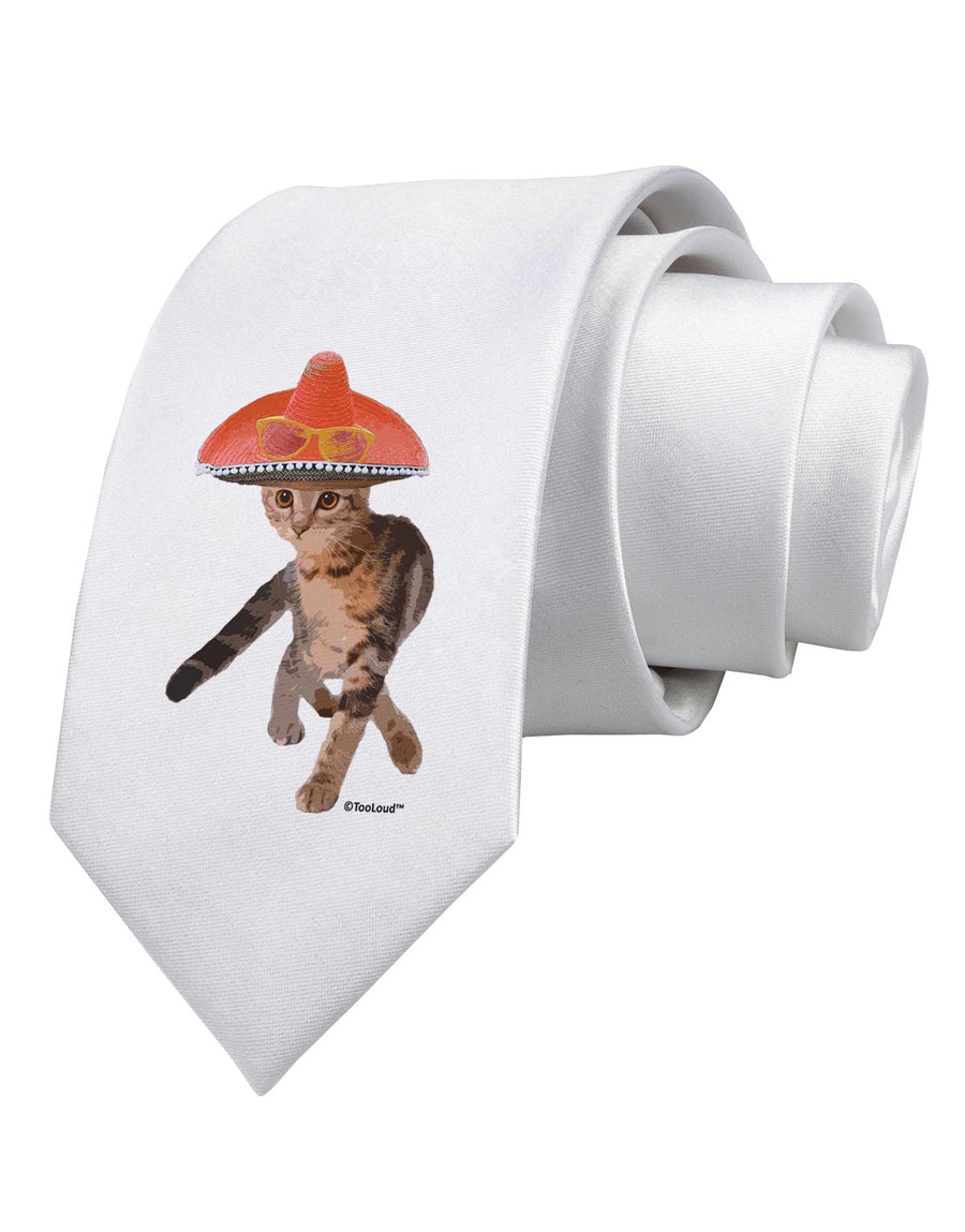 Cat with Pink Sombrero and Sunglasses Printed White Necktie by TooLoud