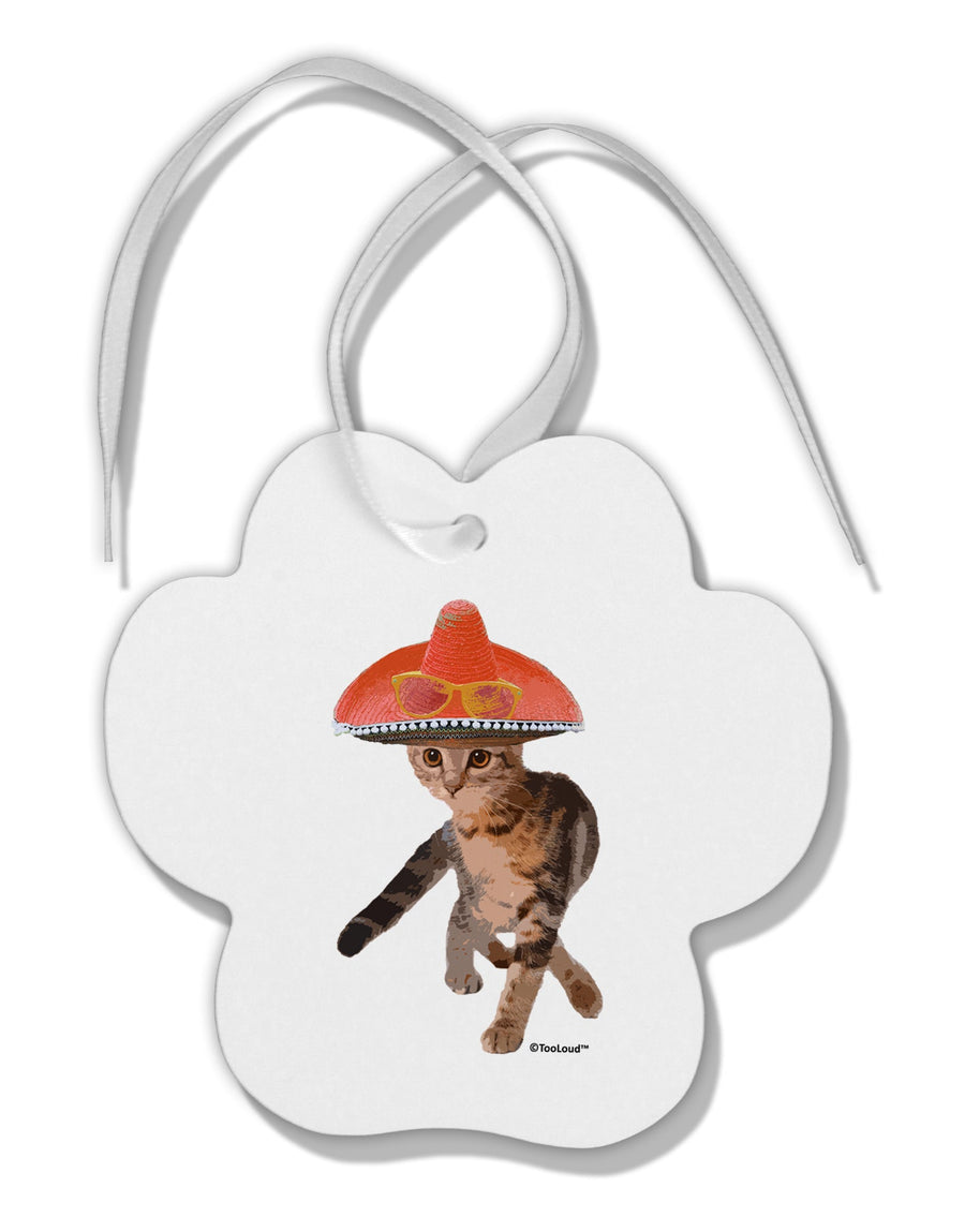 Cat with Sombrero and Sunglasses Paw Print Shaped Ornament by TooLoud-Ornament-TooLoud-White-Davson Sales