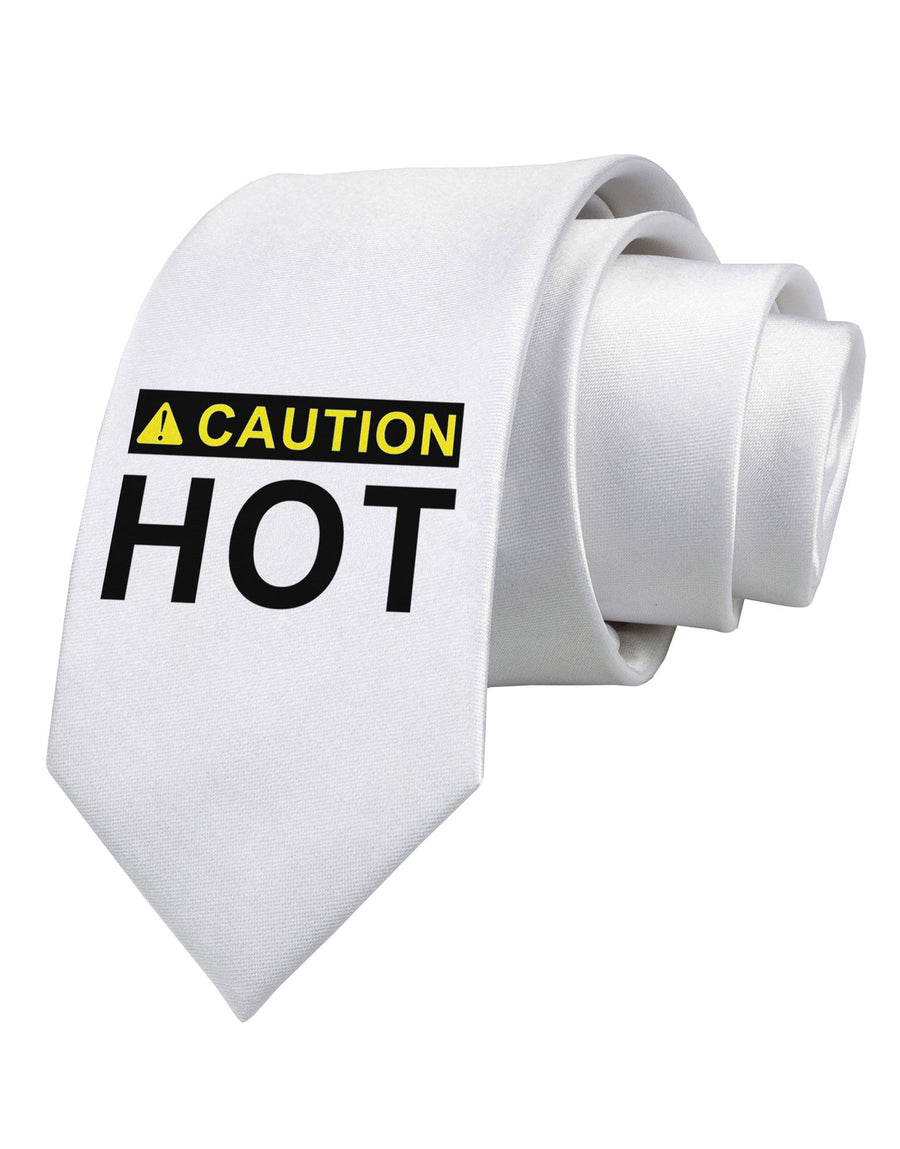 Caution Hot Warning Sign Printed White Necktie