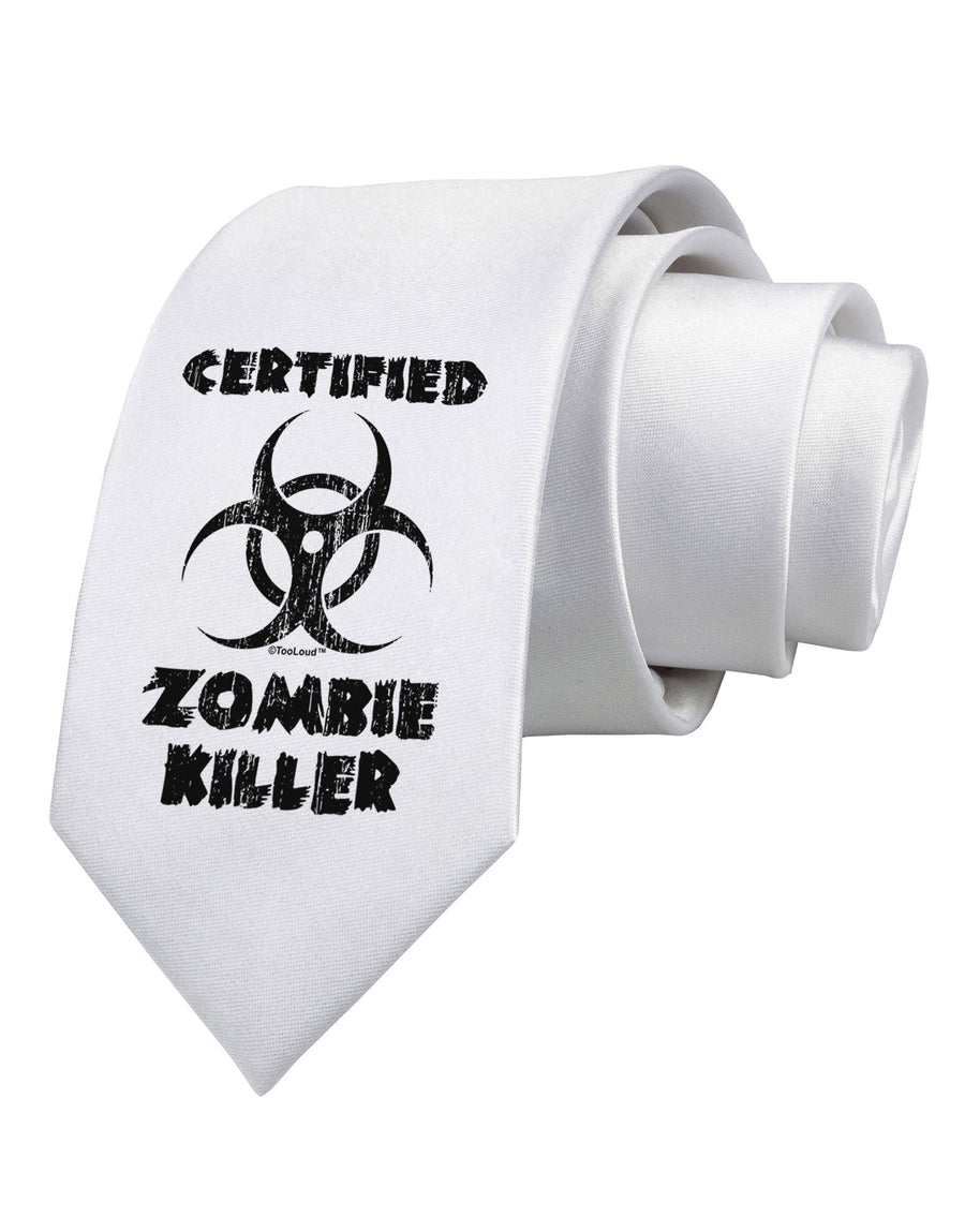 Certified Zombie Killer - Biohazard Printed White Necktie by TooLoud