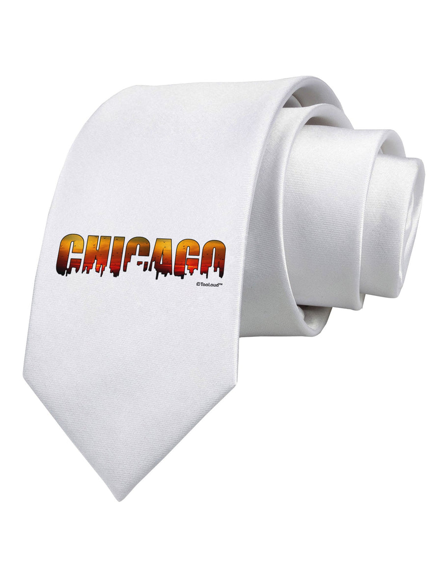 Chicago Skyline Cutout - Sunset Sky Printed White Necktie by TooLoud