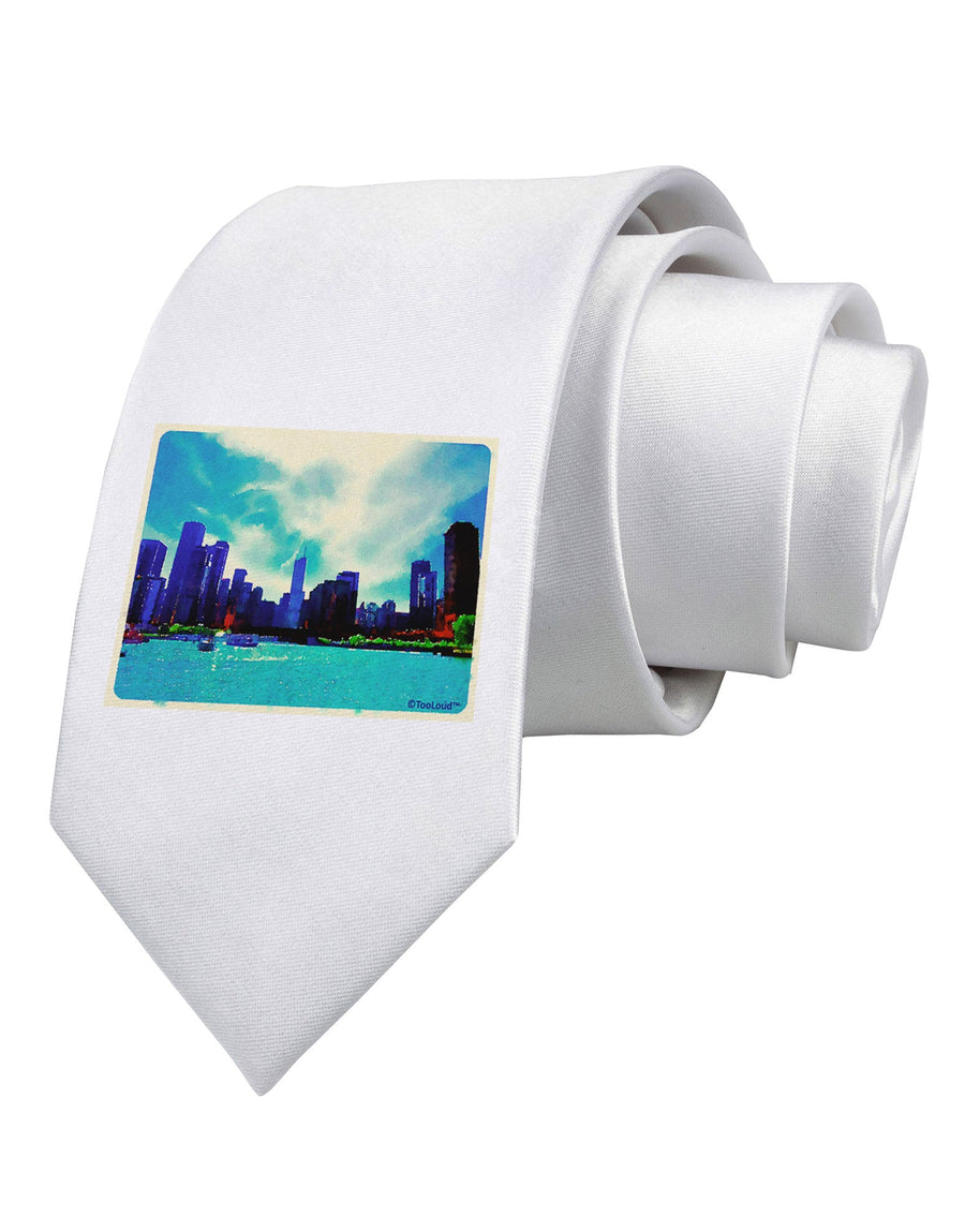 Chicago Skyline Watercolor Printed White Necktie