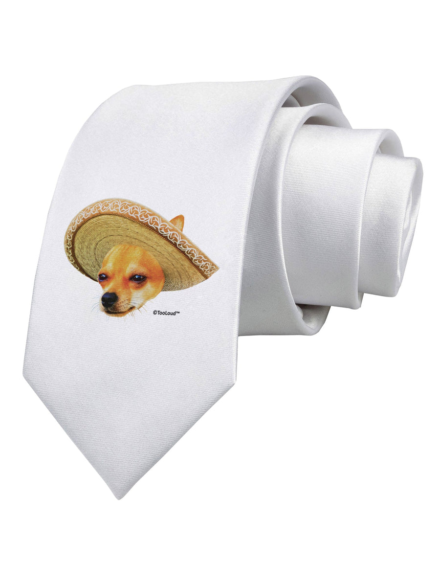 Chihuahua Dog with Sombrero - Patchwork Design Printed White Necktie by TooLoud