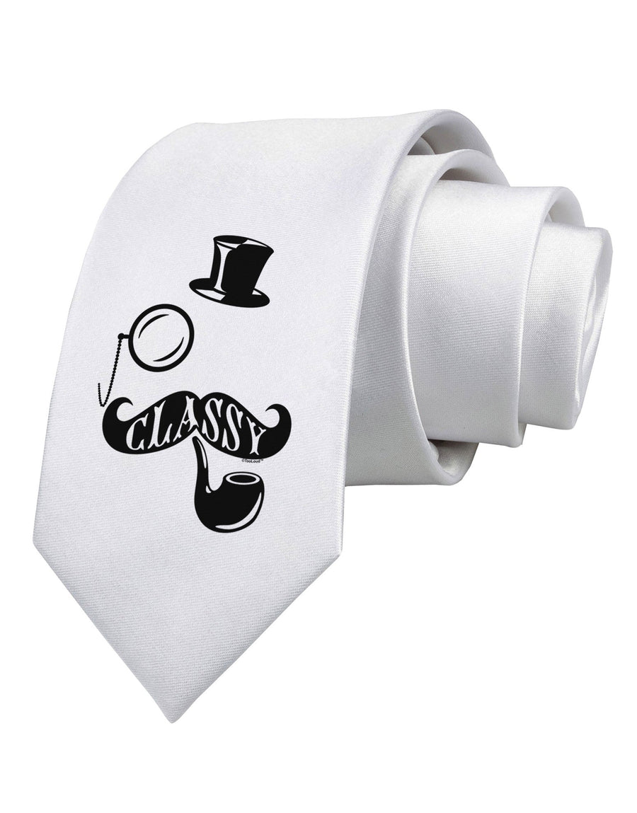 Classy Tophat Mustache Pipe and Monocle Printed White Necktie