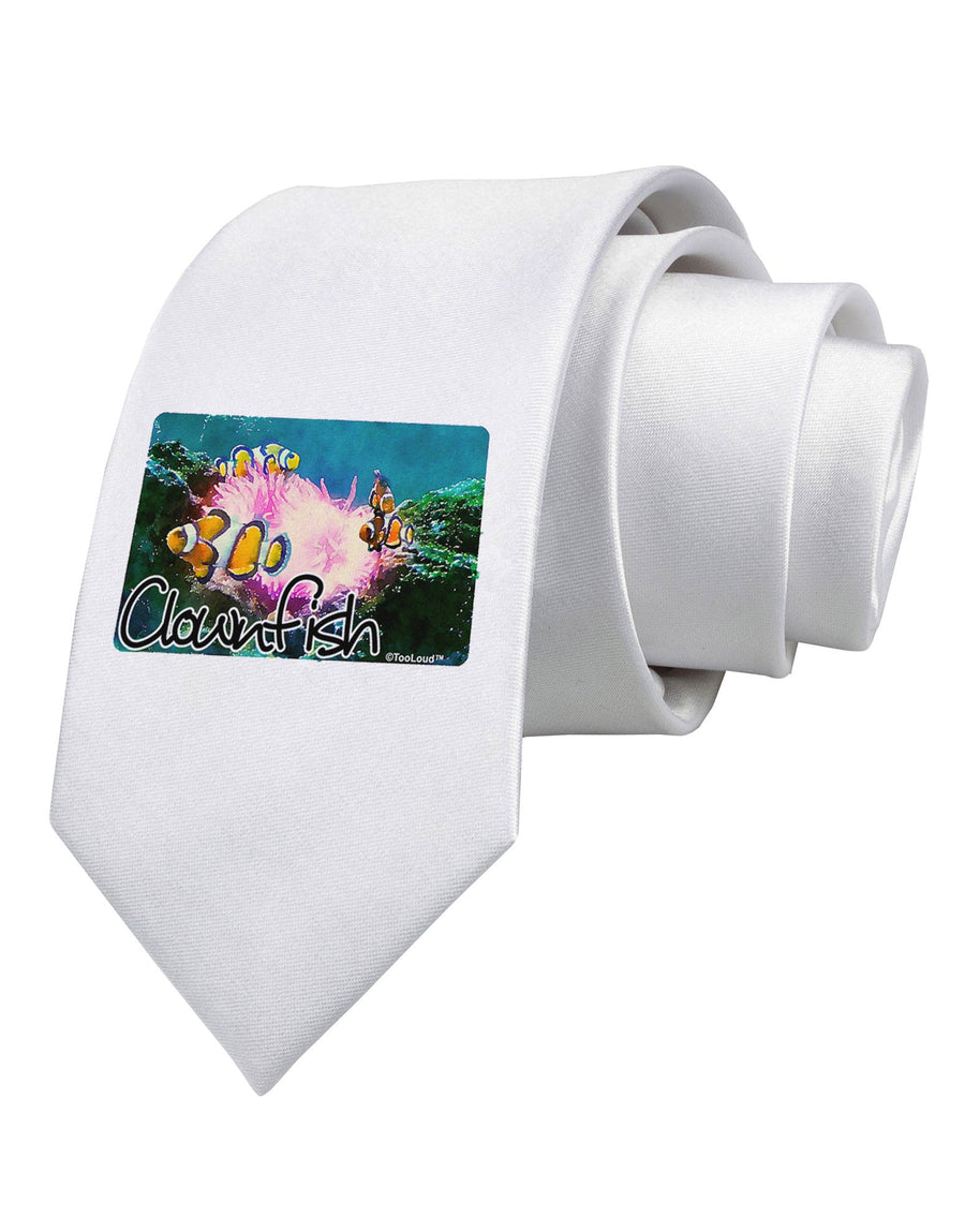 Clownfish Watercolor Text Printed White Necktie