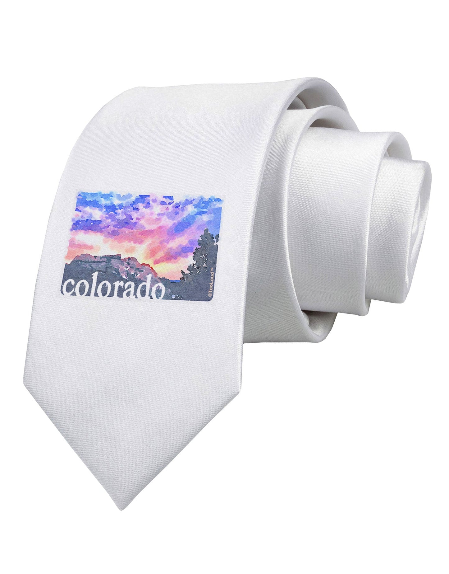 CO Rainbow Sunset Watercolor Text Printed White Necktie