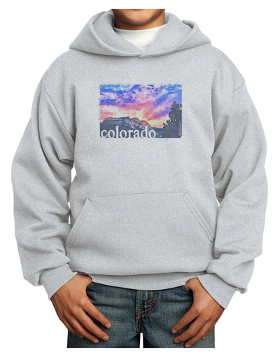 CO Rainbow Sunset Watercolor Text Youth Hoodie Pullover Sweatshirt-Youth Hoodie-TooLoud-Ash-XS-Davson Sales