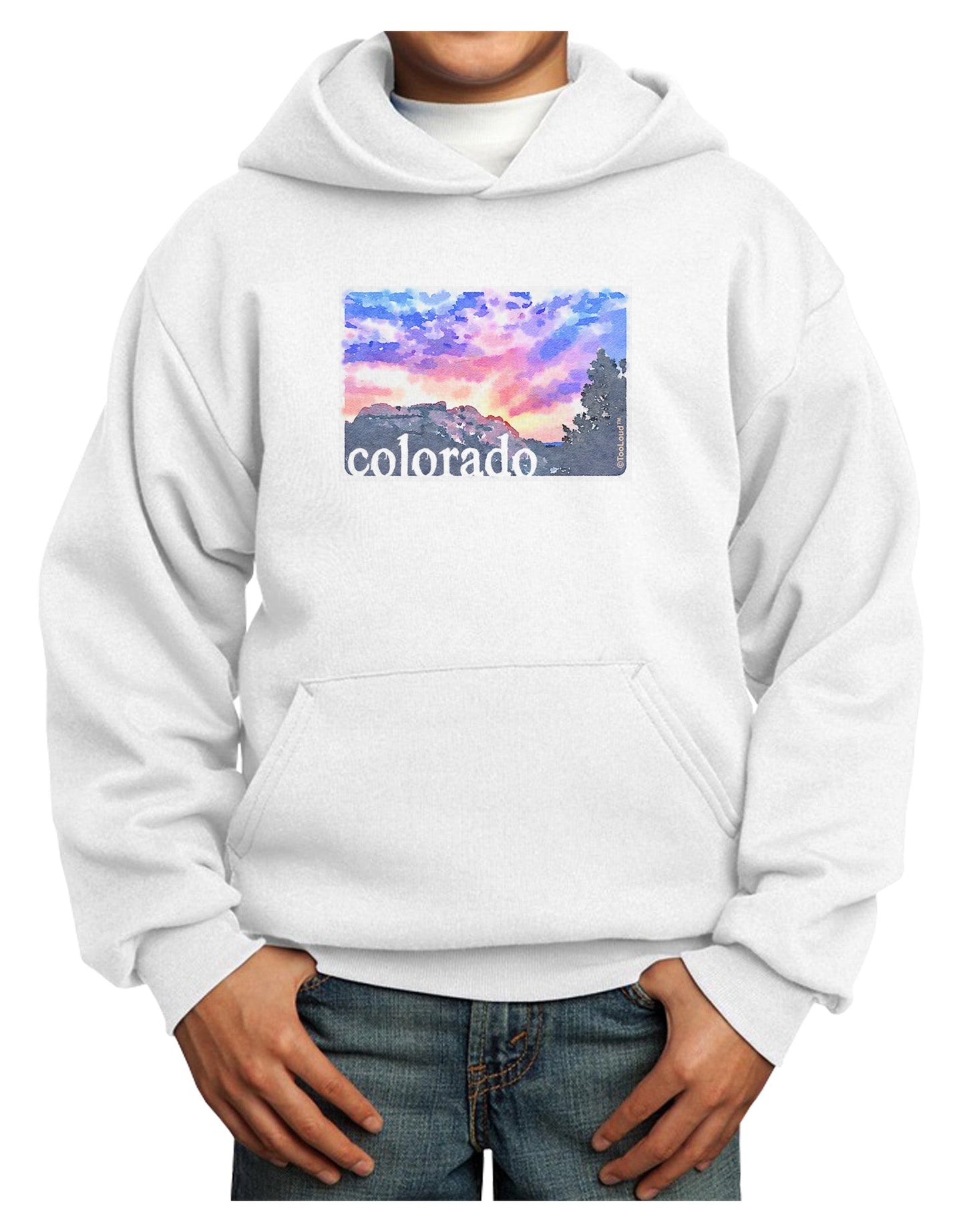 CO Rainbow Sunset Watercolor Text Youth Hoodie Pullover Sweatshirt-Youth Hoodie-TooLoud-White-XS-Davson Sales