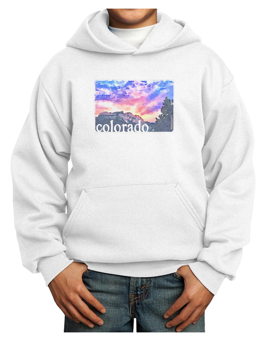 CO Rainbow Sunset Watercolor Text Youth Hoodie Pullover Sweatshirt-Youth Hoodie-TooLoud-White-XS-Davson Sales