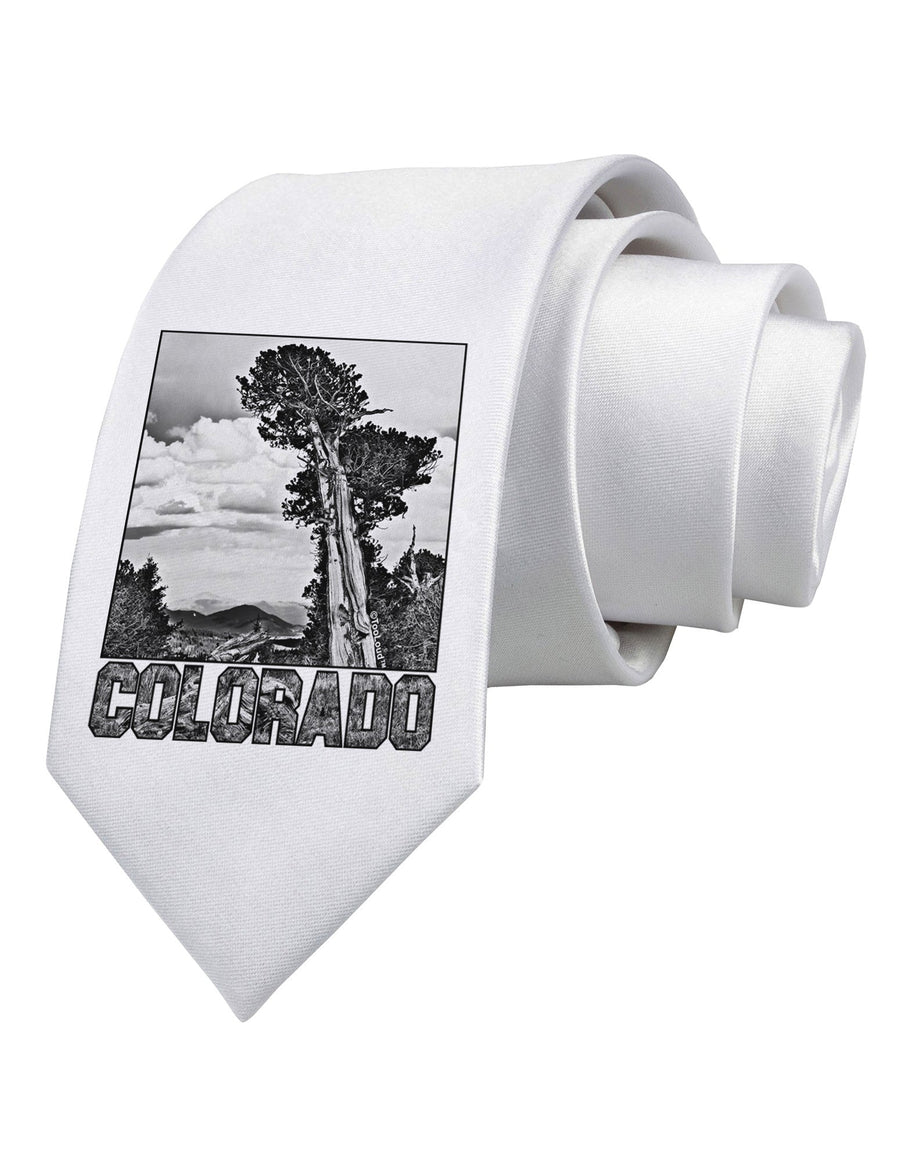 Colorado Landscape Text BW Printed White Necktie