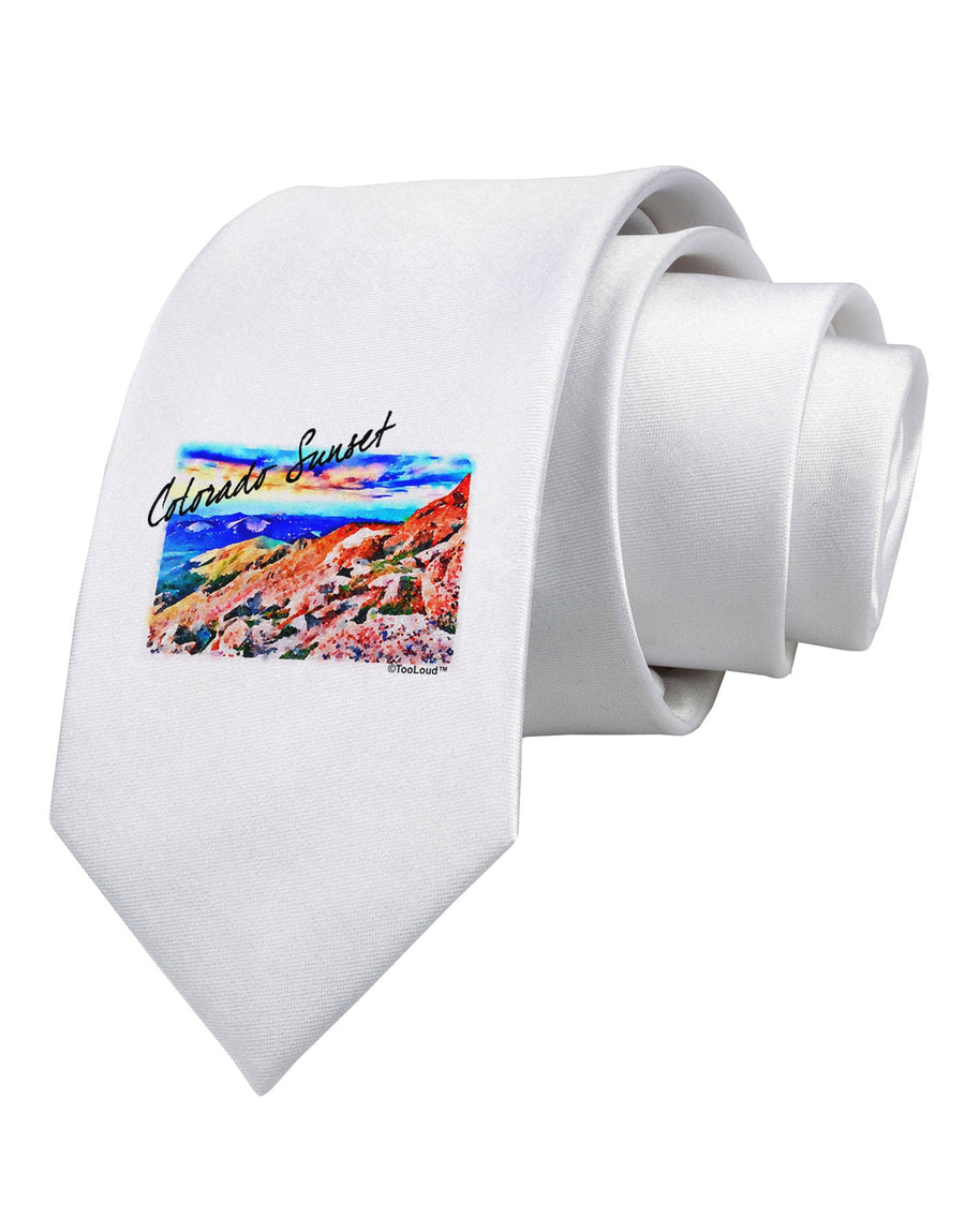 Colorado Mtn Sunset Bold WaterColor Printed White Necktie