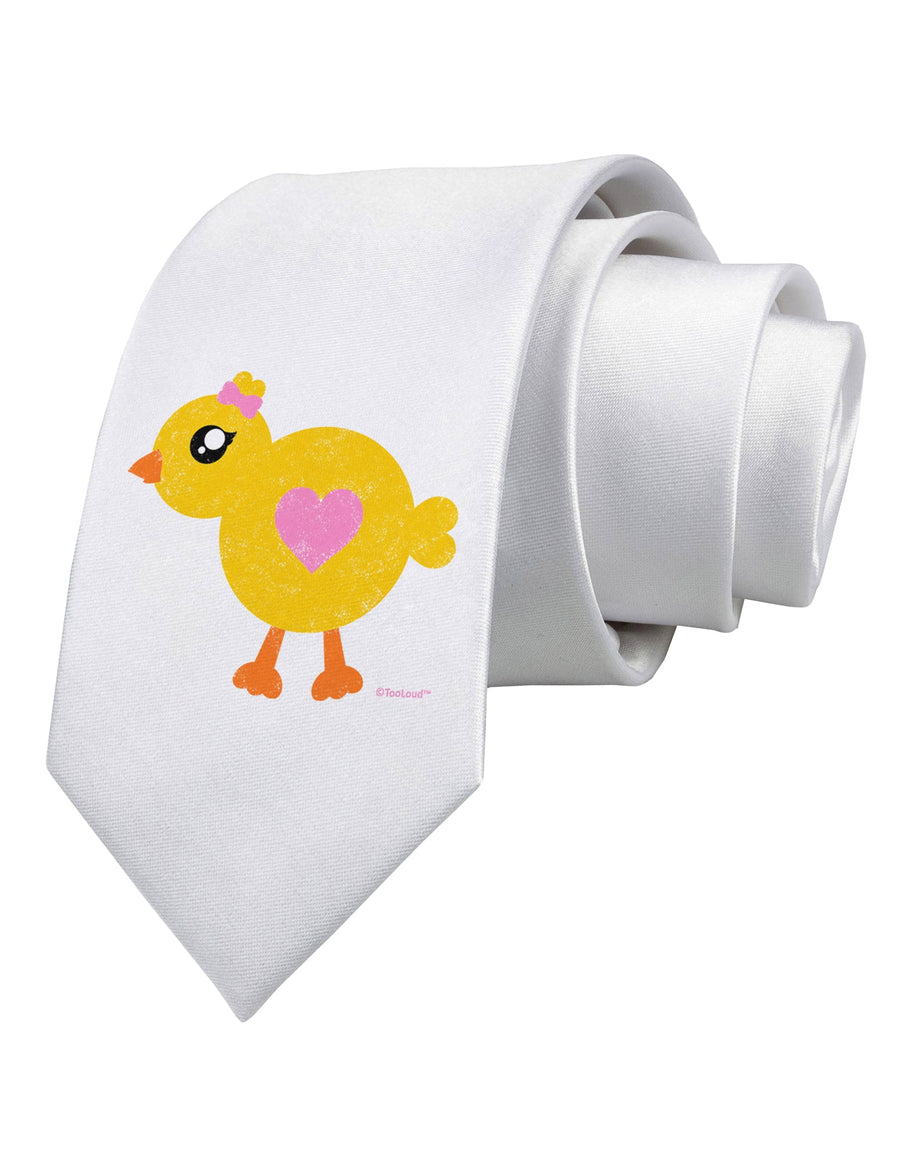 Cute Chick with Bow - Crayon Style Drawing Printed White Necktie by TooLoud