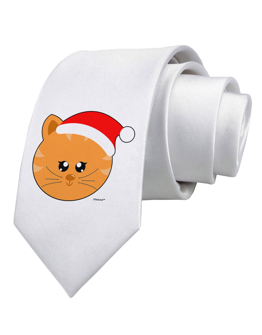 Cute Christmas Cat Santa Hat Printed White Necktie