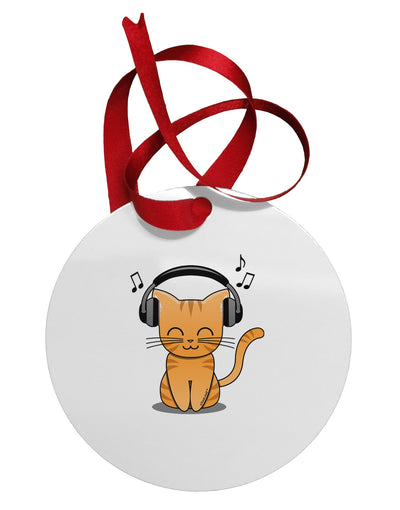 Cute Kitty With Headphones Circular Metal Ornament-Ornament-TooLoud-White-Davson Sales