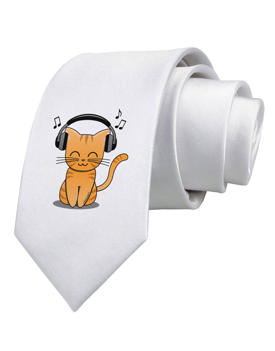 Cute Kitty With Headphones Printed White Necktie