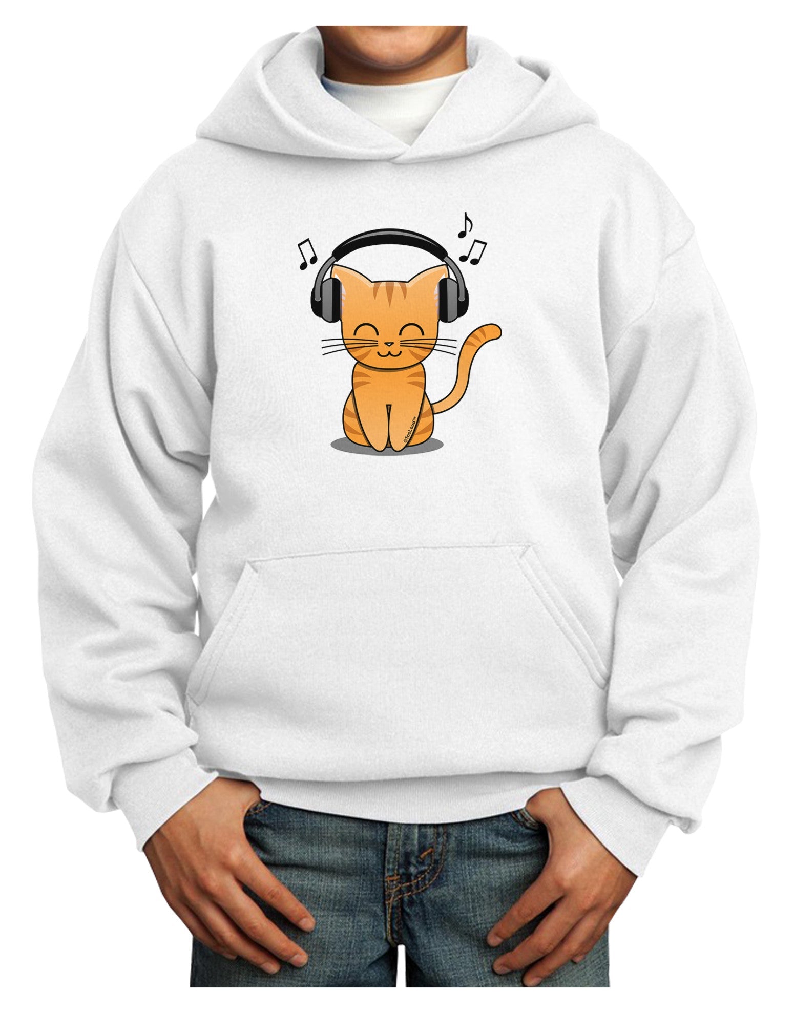 Cute Kitty With Headphones Youth Hoodie Pullover Sweatshirt-Youth Hoodie-TooLoud-White-XS-Davson Sales