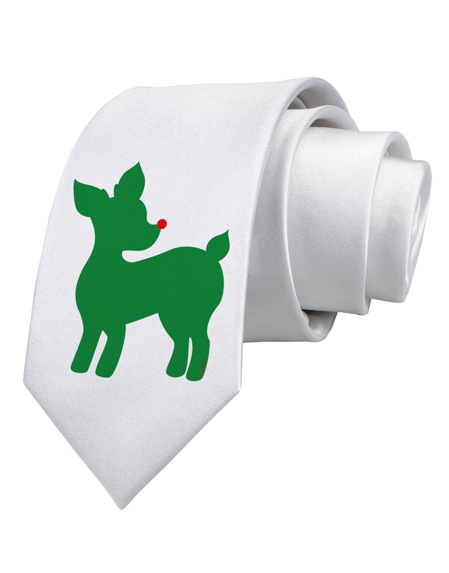 Cute Red and Green Rudolph - Christmas Printed White Necktie by TooLoud