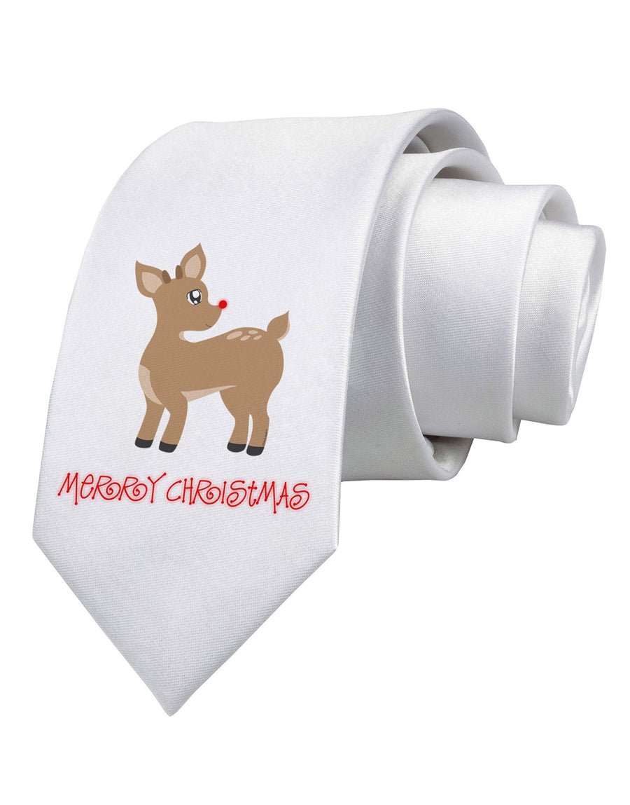 Cute Rudolph the Reindeer - Merry Christmas Printed White Necktie by TooLoud