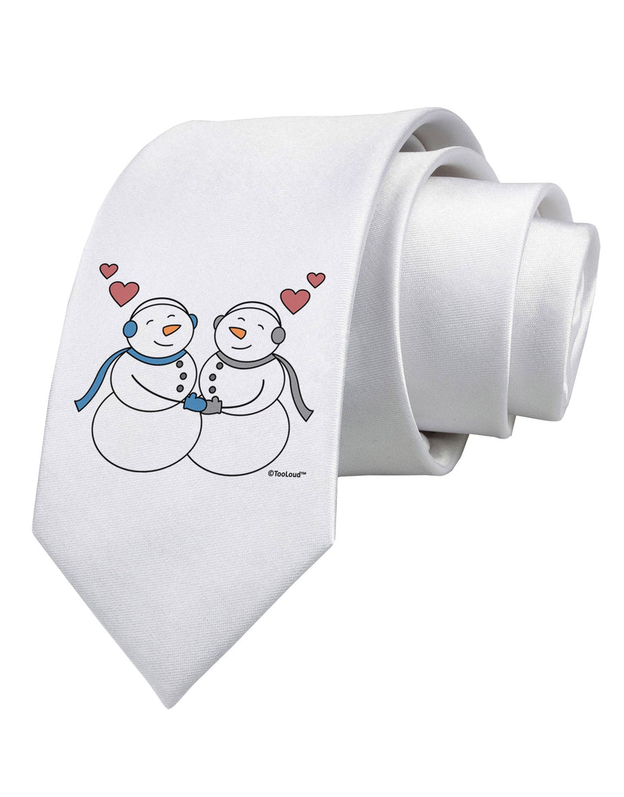 Cute Snowman Couple Printed White Necktie by TooLoud