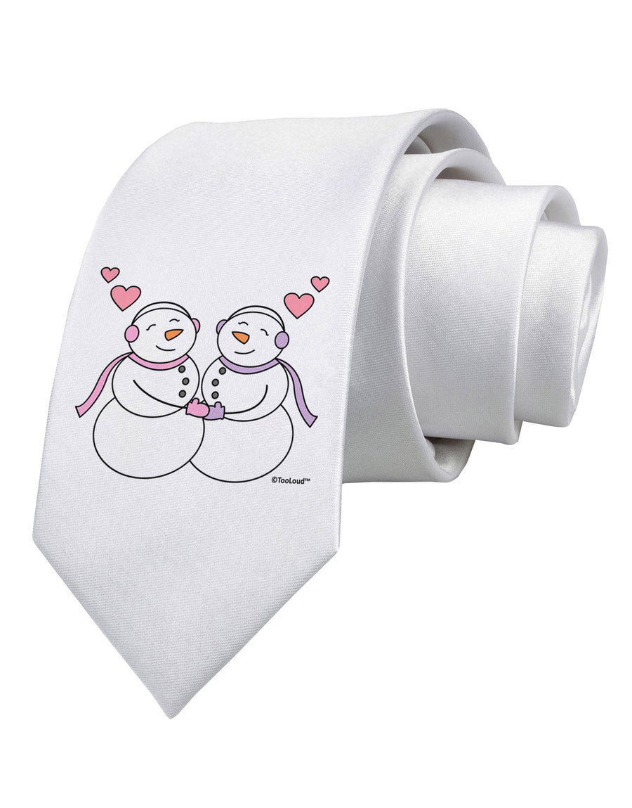 Cute Snowwoman Couple Printed White Necktie by TooLoud