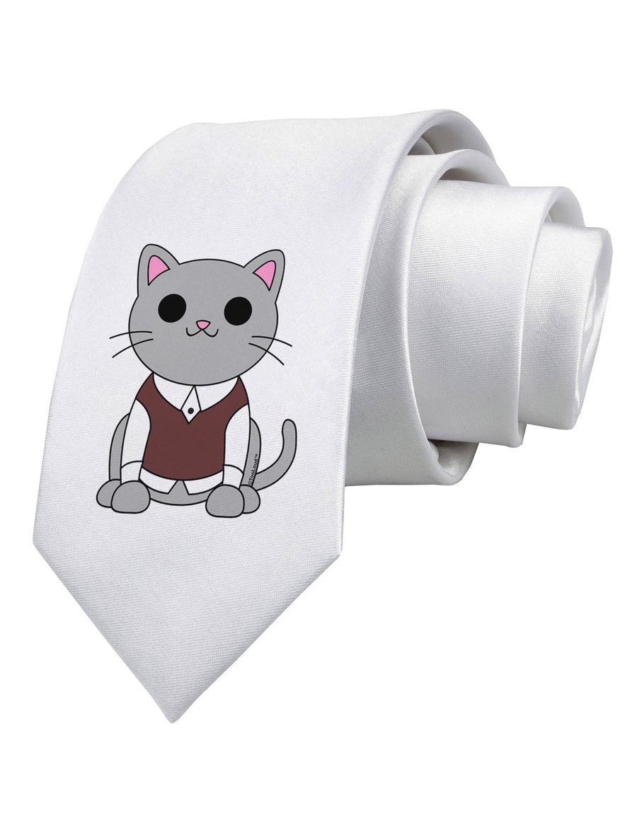 Cute Sweater Vest Cat Design Printed White Necktie by TooLoud