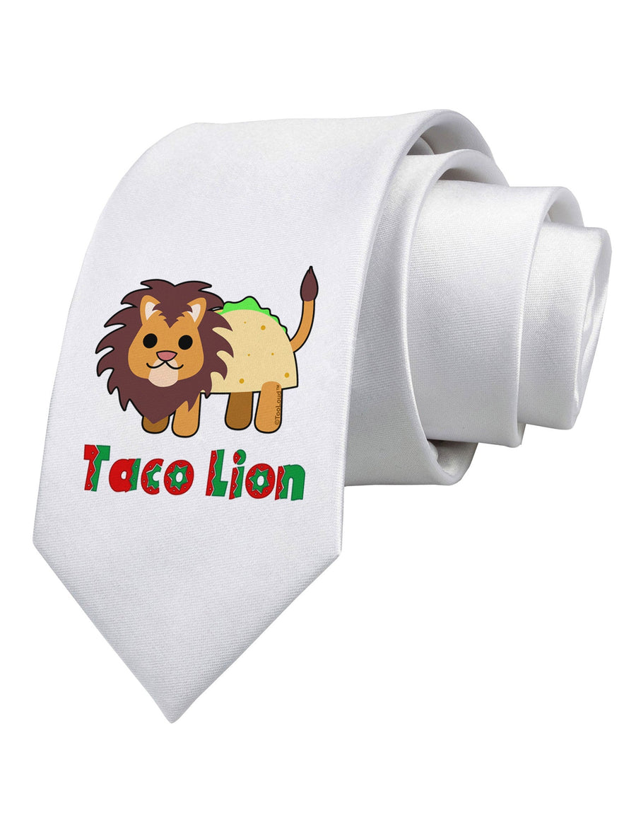 Cute Taco Lion Text Printed White Necktie