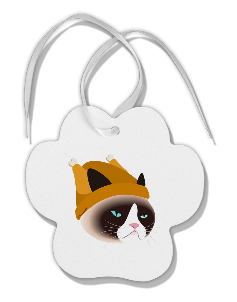 Disgruntled Cat Wearing Turkey Hat Paw Print Shaped Ornament by TooLoud-Ornament-TooLoud-White-Davson Sales