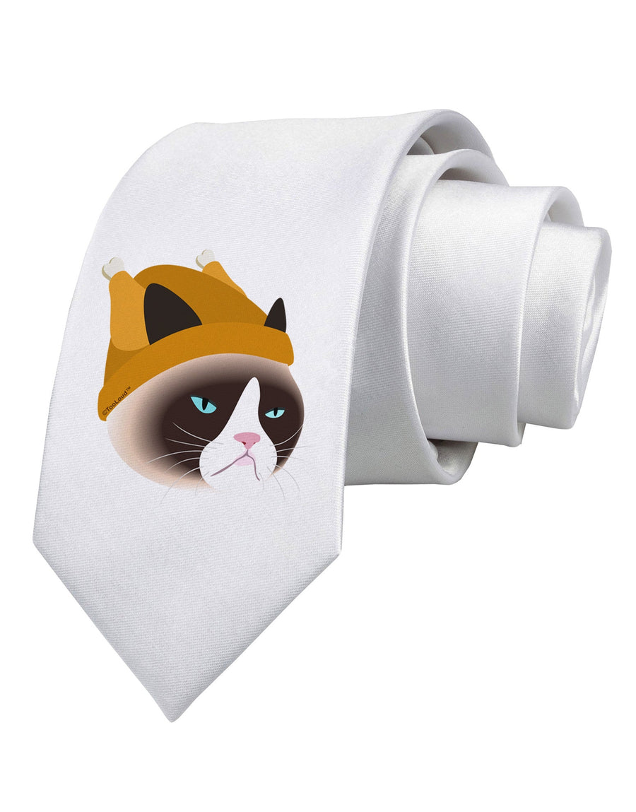 Disgruntled Cat Wearing Turkey Hat Printed White Necktie by