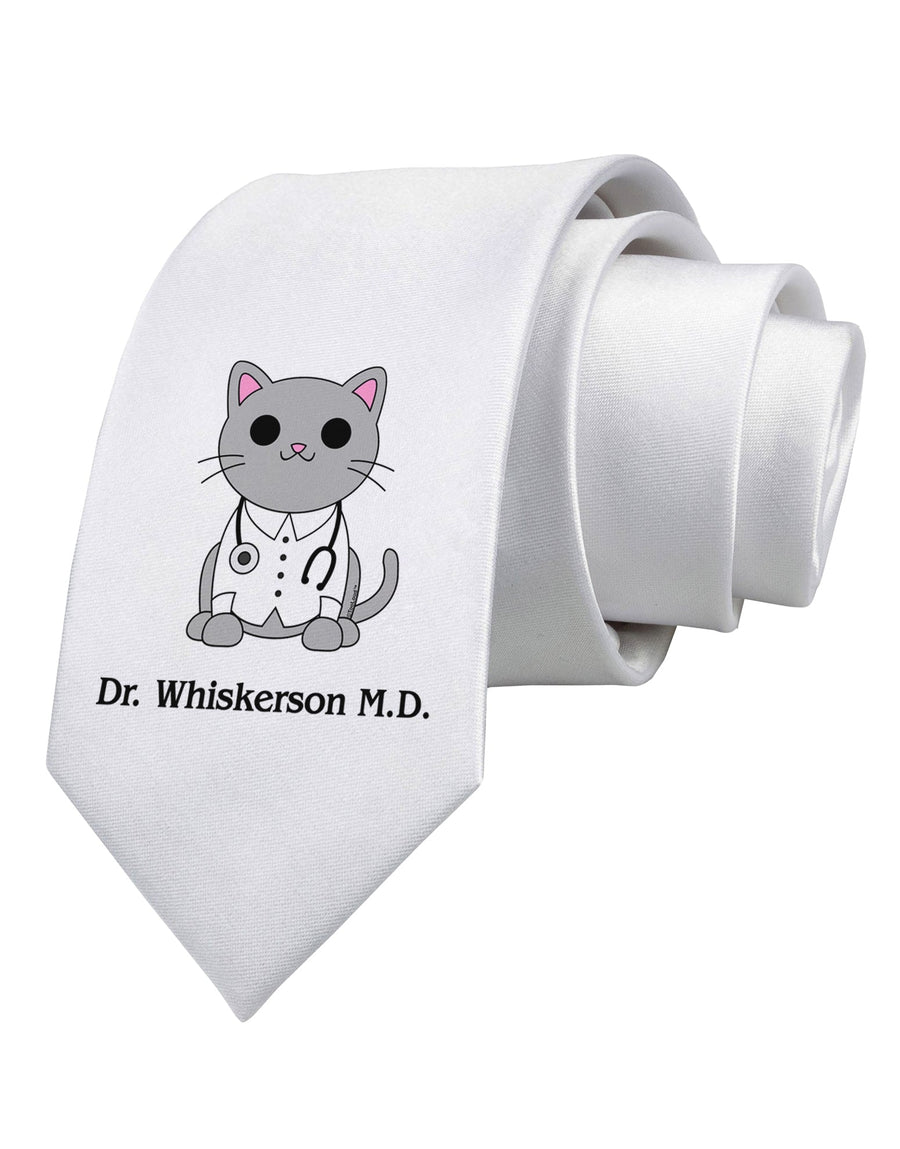 Dr Whiskerson MD - Cute Cat Design Printed White Necktie by TooLoud