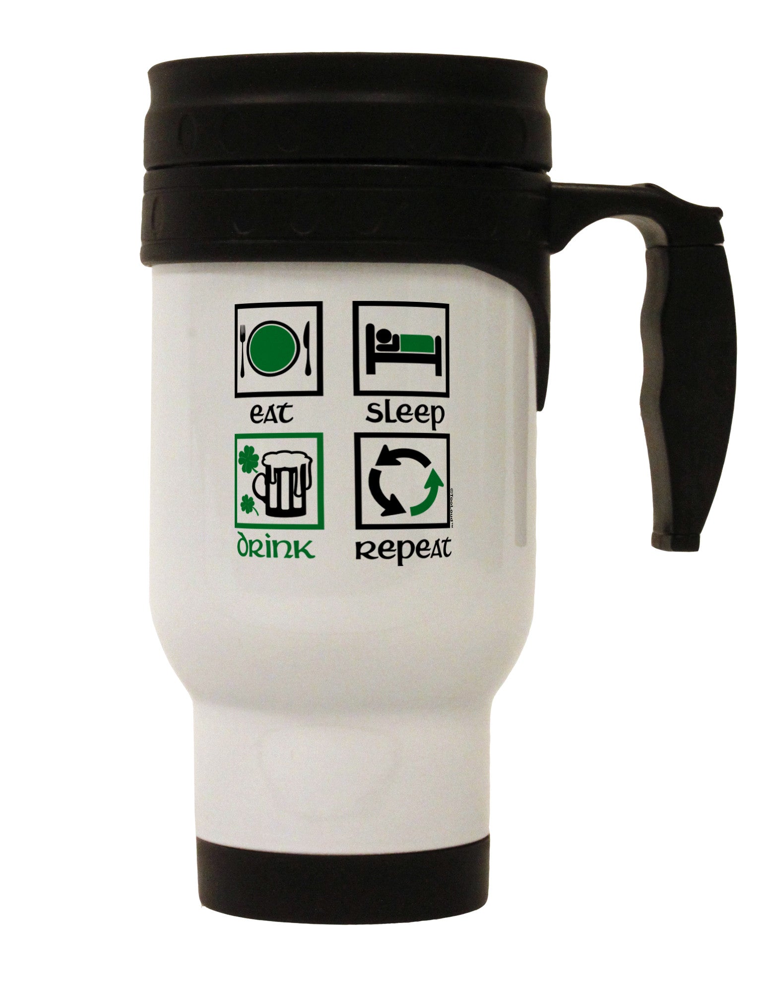 Eat Sleep Drink Green Beer Repeat Stainless Steel 14oz Travel Mug-Travel Mugs-TooLoud-White-Davson Sales