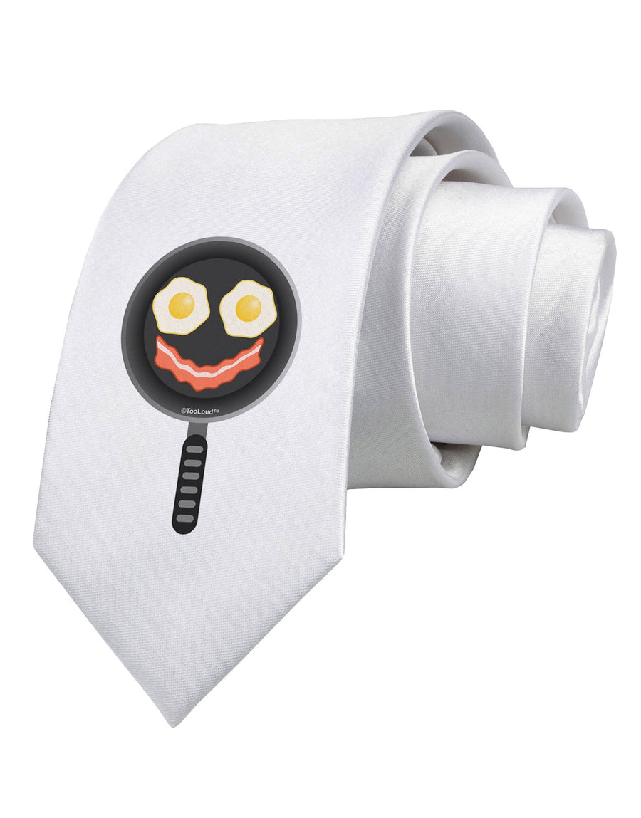 Eggs and Bacon Smiley Face Printed White Necktie by TooLoud