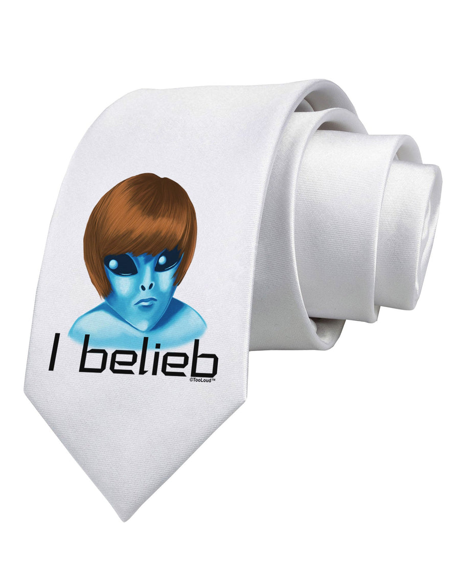 Extraterrestial - I Belieb Printed White Necktie by TooLoud